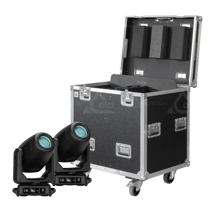 2x Elation Paragon S fixtures standing next to the ALP FLIGHT CASES touring solution - Front view
