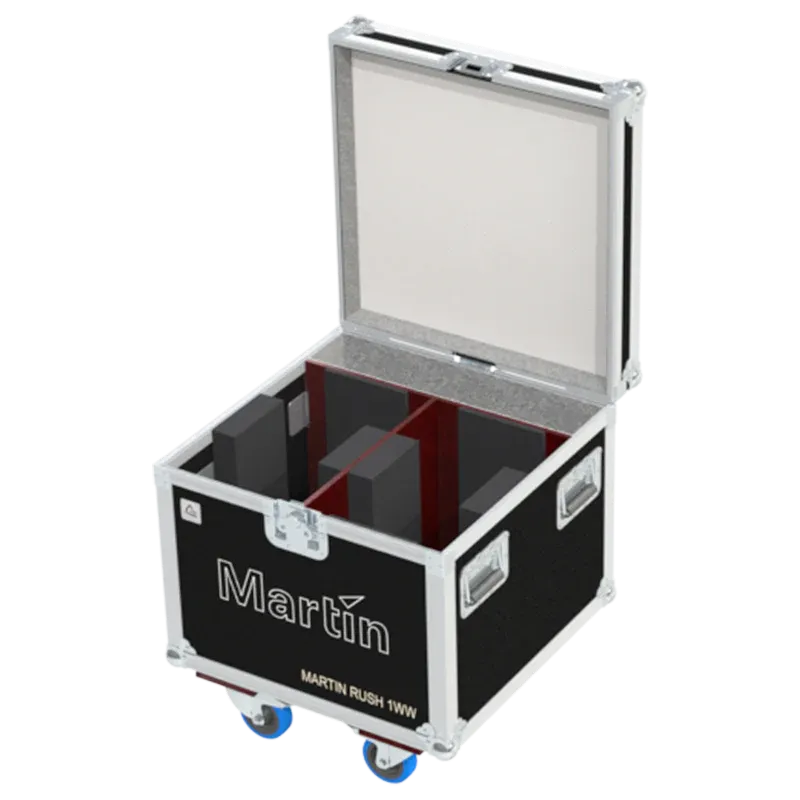 Empty ALP FLIGHT CASES 2-way trunk for Martin RUSH PAR 1 WW showing internal slots and accessory space