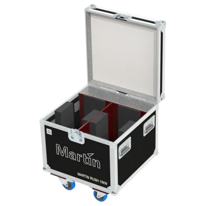 Empty ALP FLIGHT CASES 2-way trunk for Martin RUSH PAR 1 WW showing internal slots and accessory space