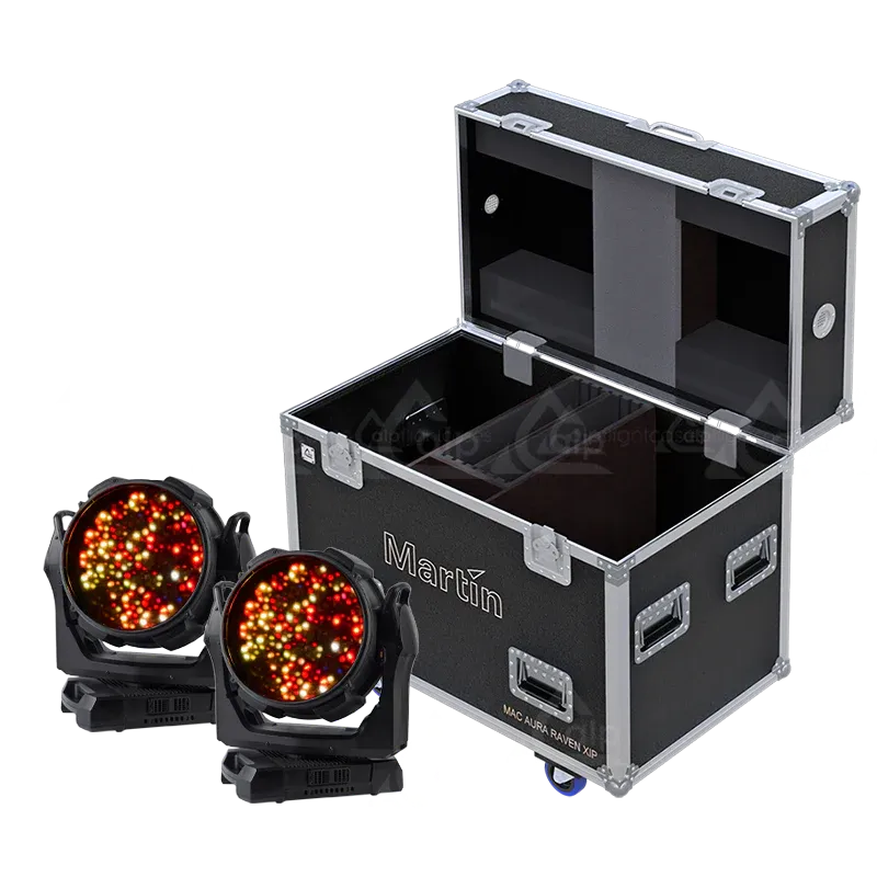 2x Martin MAC AURA RAVEN XIP fixtures secured inside an ALP FLIGHT CASES solution