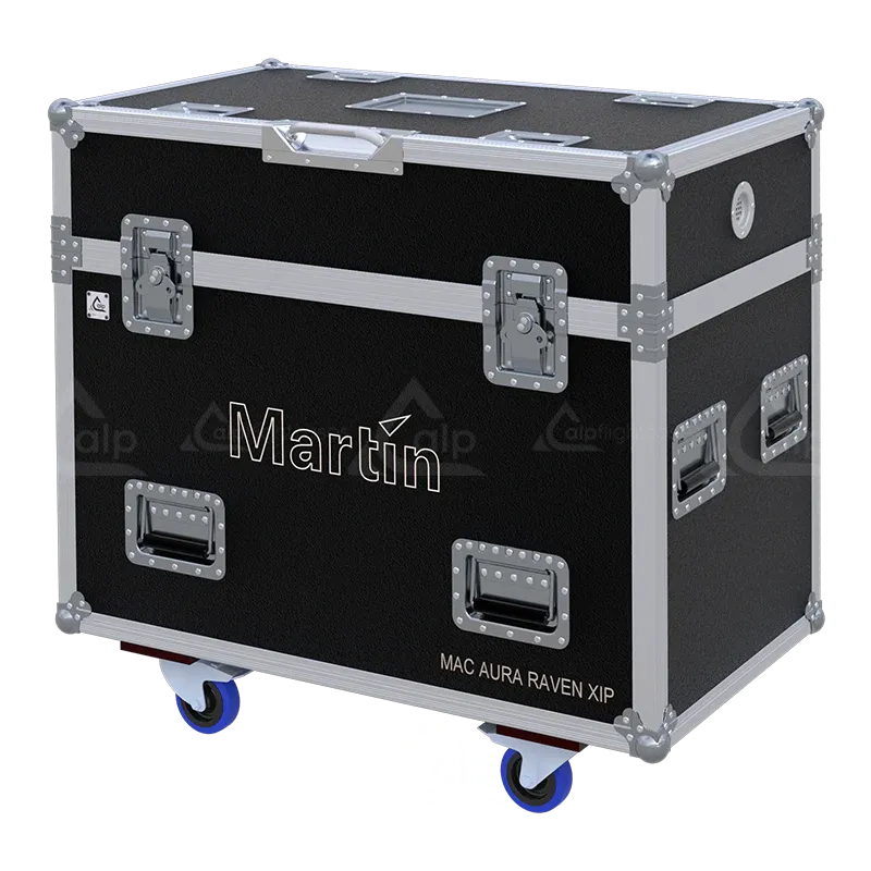ALP FLIGHT CASES - Front perspective of the 2x Martin MAC AURA RAVEN XIP touring case
