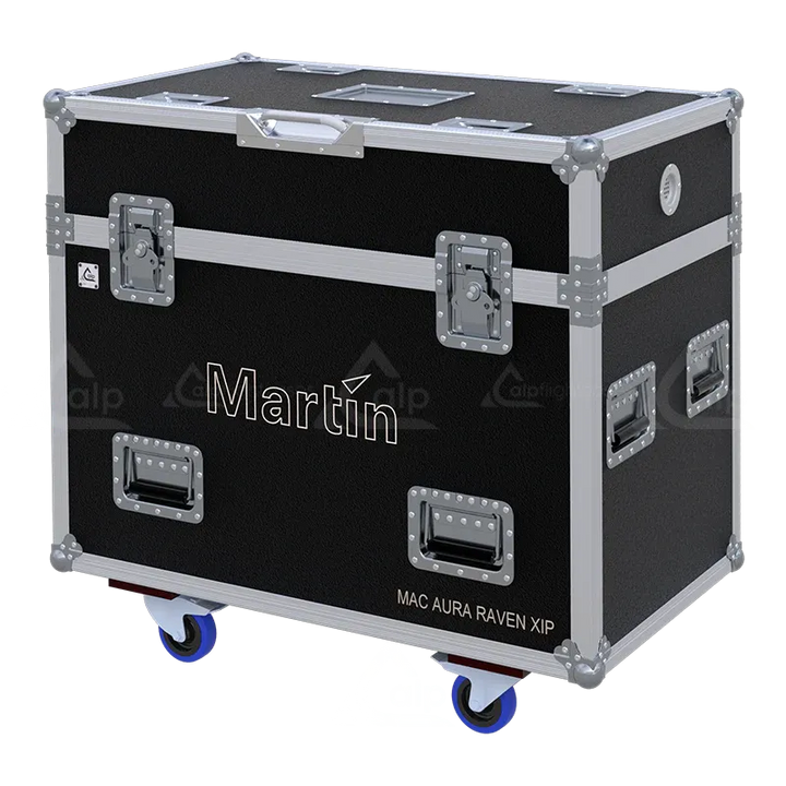 ALP FLIGHT CASES - Front perspective of the 2x Martin MAC AURA RAVEN XIP touring case