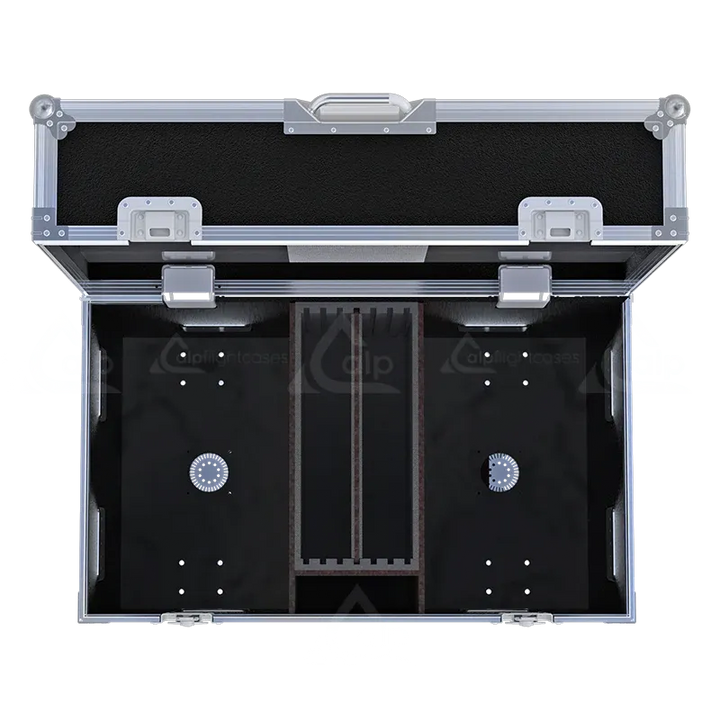 Close-up of ALP FLIGHT CASES interior shell for 2x Martin MAC AURA RAVEN XIP - Wood and hardware detail