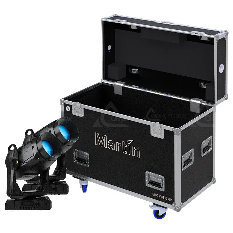 2x Martin MAC Viper XIP fixtures standing next to the ALP FLIGHT CASES touring solution