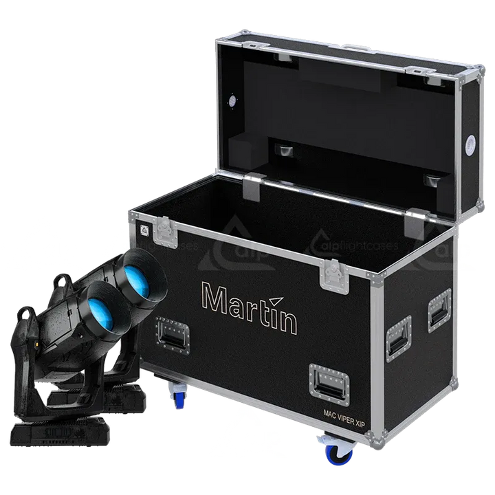 2x Martin MAC Viper XIP fixtures standing next to the ALP FLIGHT CASES touring solution
