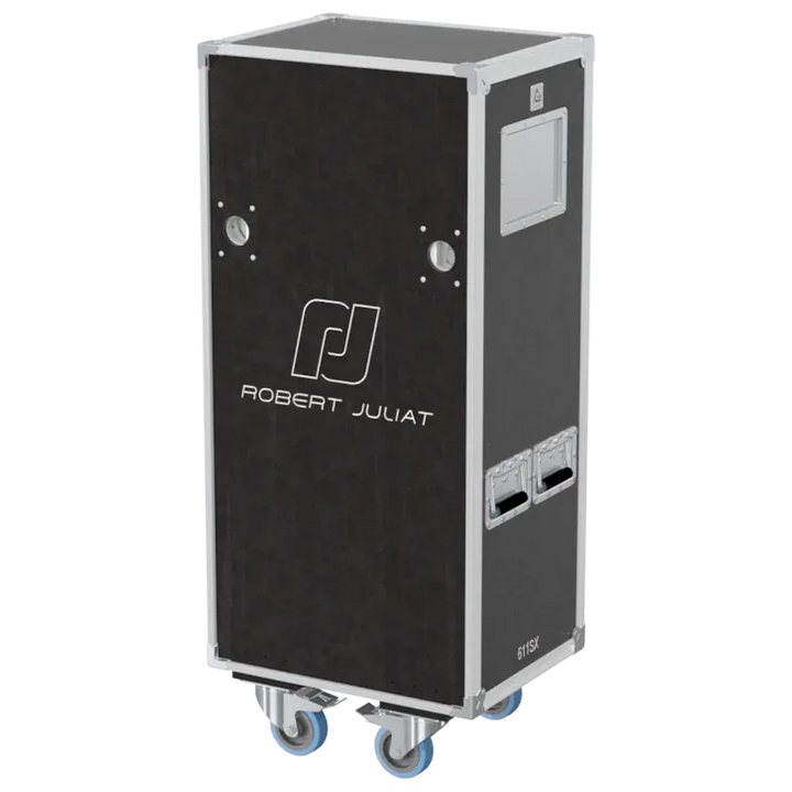 Front view of 2x Robert Juliat 611SX flight case with wheels and heavy-duty touring hardware