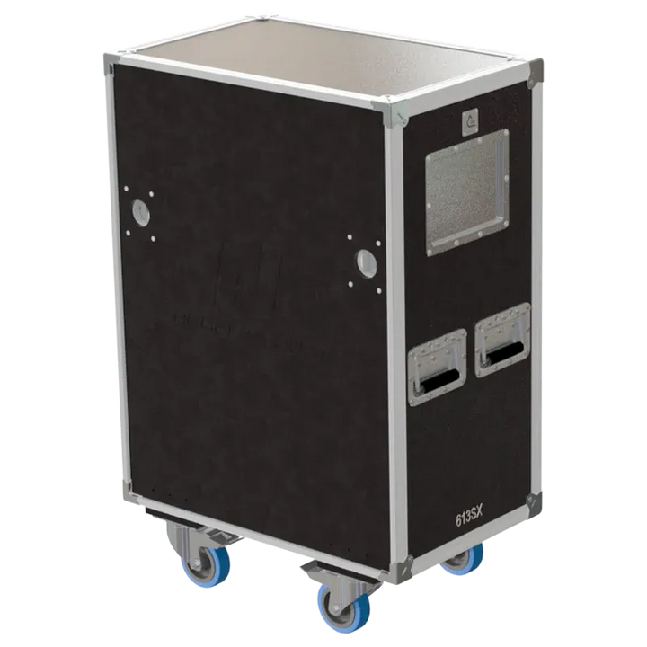 Front view of 2x Robert Juliat 613SX flight case with wheels and heavy-duty touring hardware