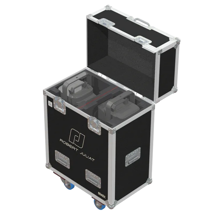 2 Robert Juliat 650 SX profile spots stored in custom CNC foam flight case for secure transport