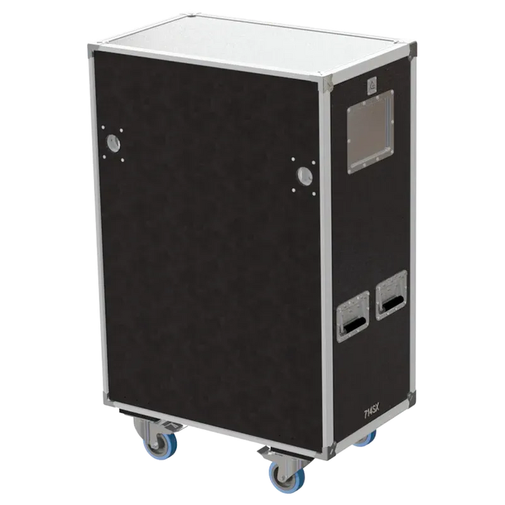 Front view of 2x Robert Juliat 714SX flight case with wheels and heavy-duty touring hardware