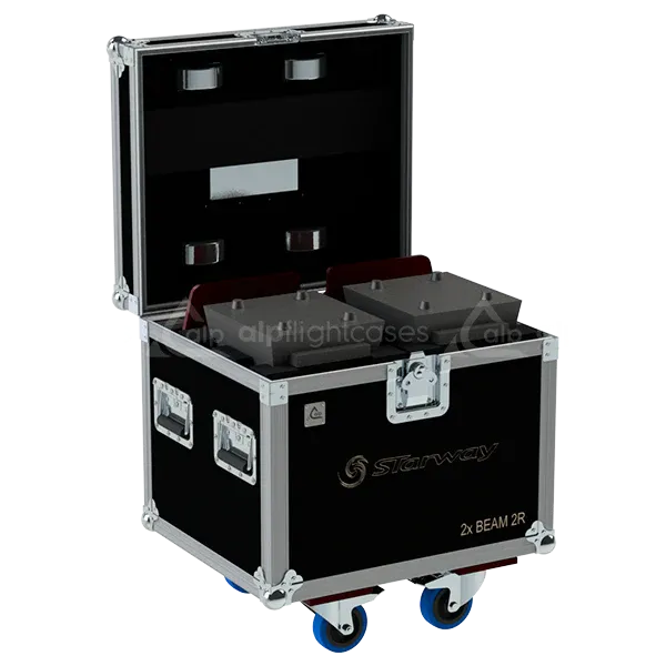 2x Starway Servo Beam 2R fixtures inside ALP flight case with custom CNC foam interior