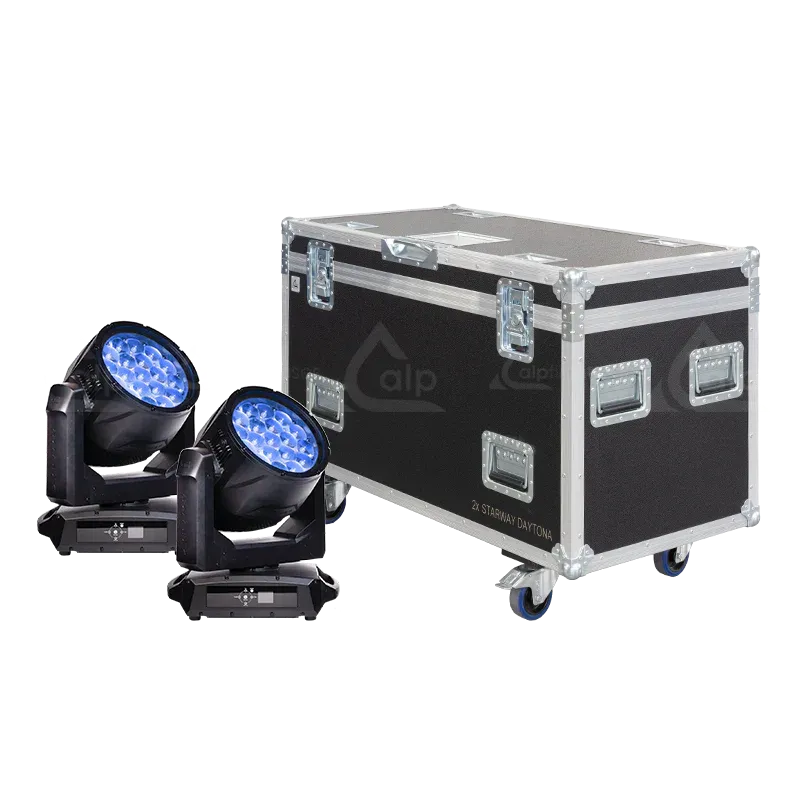 2x Starway Enzo Wet fixtures standing next to the ALP FLIGHT CASES touring solution - Front view