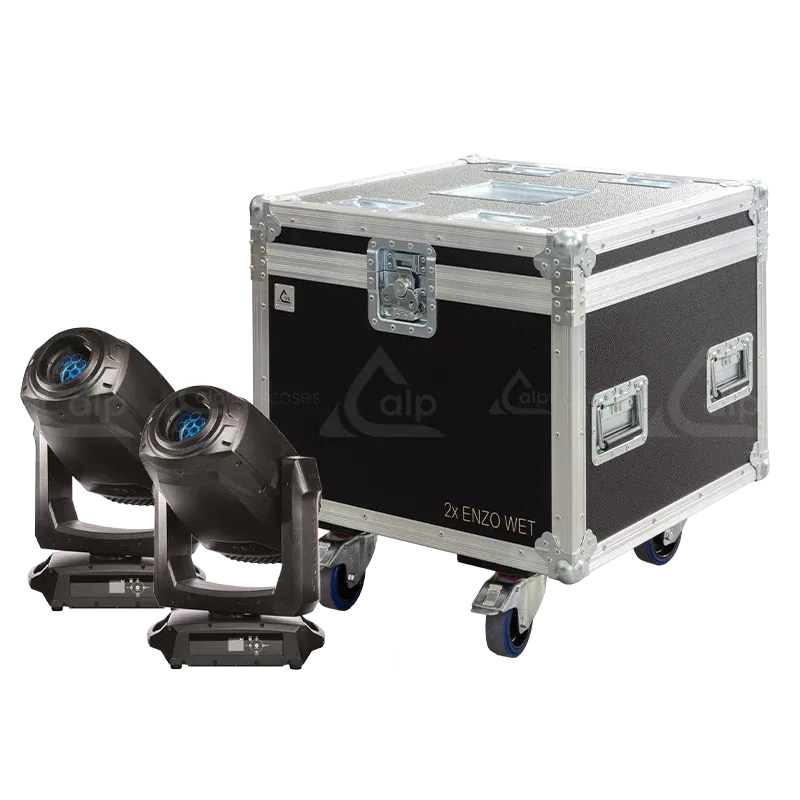 2x Starway Enzo Wet fixtures standing next to the ALP FLIGHT CASES touring solution - Front view