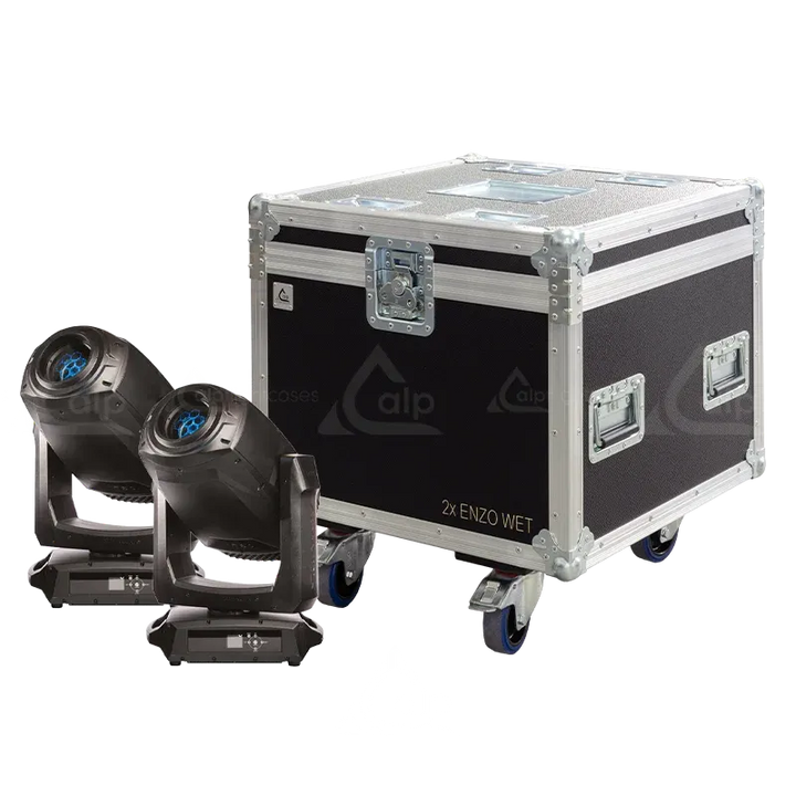 2x Starway Enzo Wet fixtures standing next to the ALP FLIGHT CASES touring solution - Front view