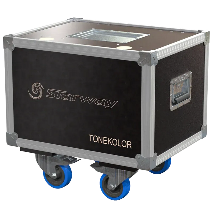 Front view of 2x Starway Tonekolor flight case with wheels and heavy-duty touring hardware