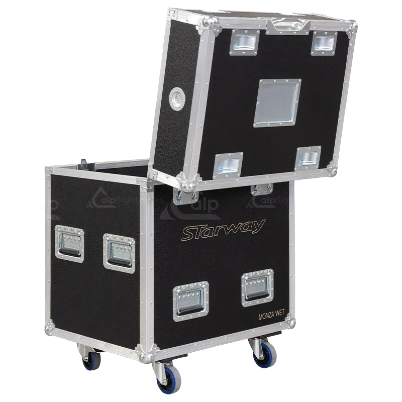 ALP FLIGHT CASES - Rear perspective of the 2x Starway Monza Wet professional case open case