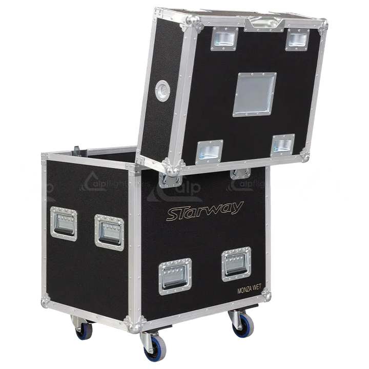ALP FLIGHT CASES - Rear perspective of the 2x Starway Monza Wet professional case open case