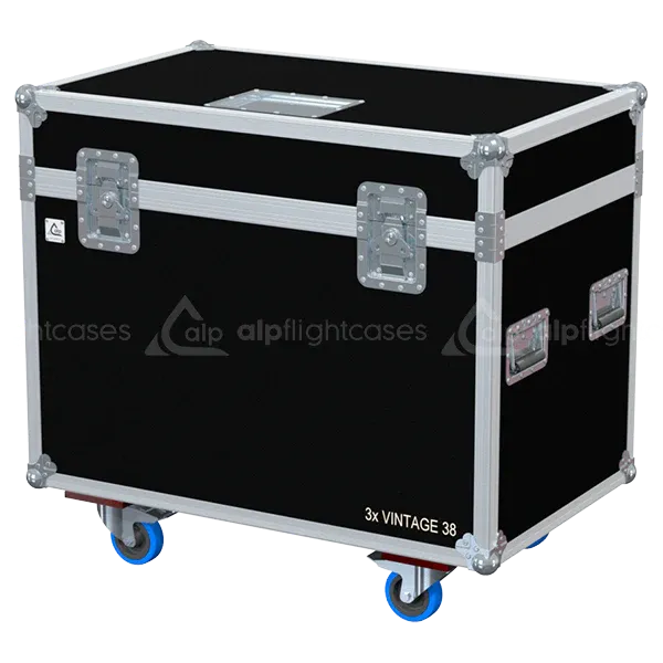 Front view of 3x Admiral Vintage 38cm Decorative Bowl Reflector flight case with wheels and heavy-duty touring hardware
