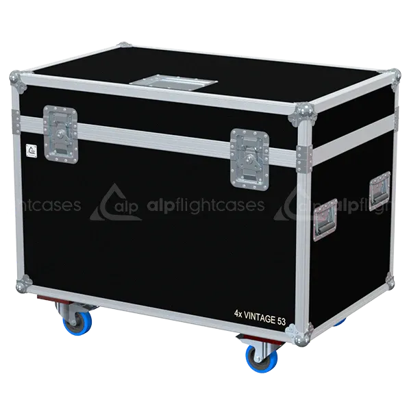 Front view of 4x Admiral Vintage 53cm Decorative Bowl Reflector flight case with wheels and heavy-duty touring hardware