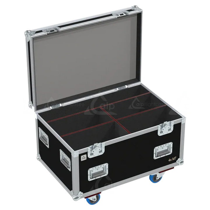 Empty ALP FLIGHT CASES 4-way trunk for Antari M-7X showing dedicated accessory compartment for power, DMX cables, and fluid