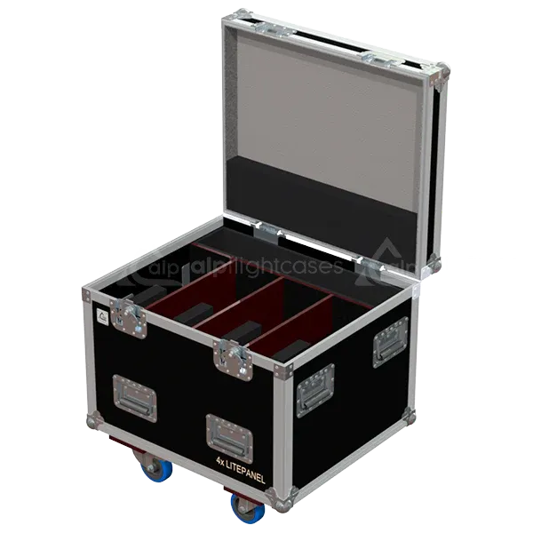 Empty ALP FLIGHT CASES 4-way trunk for Litepanels Astra 6X showing internal slots and cable management space