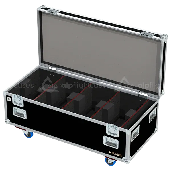 Empty ALP FLIGHT CASES 4-way trunk for Showtec Blinder showing internal slots and cable management space