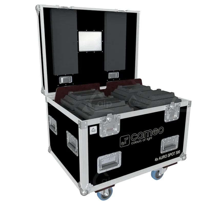 4x Cameo Auro Spot Z300 fixtures inside ALP FLIGHT CASES with custom CNC foam