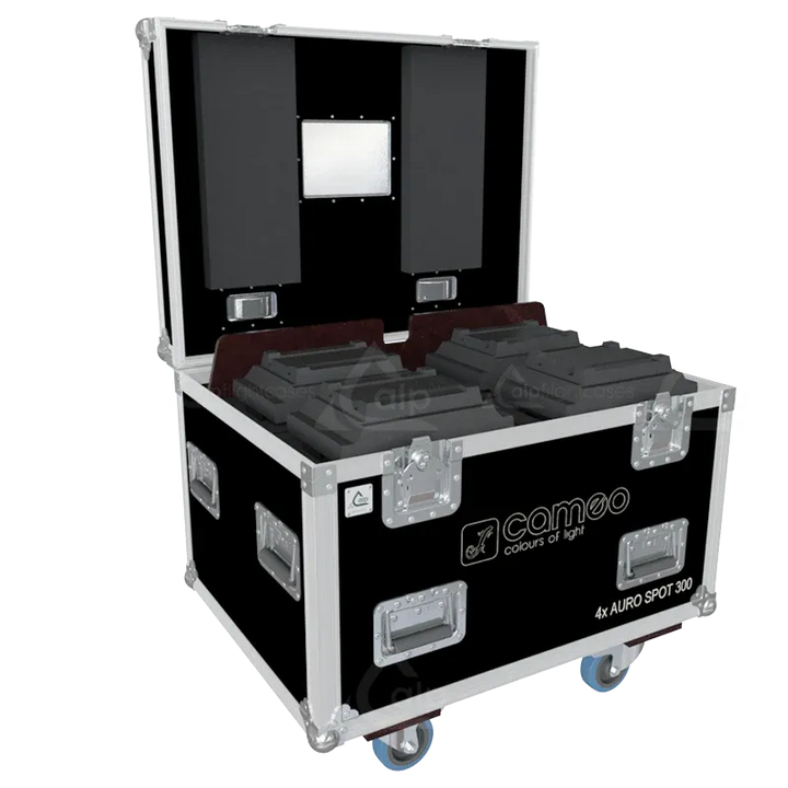 4x Cameo Auro Spot Z300 fixtures inside ALP FLIGHT CASES with custom CNC foam