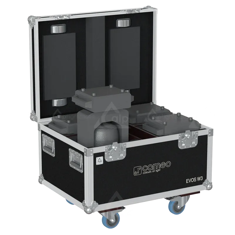4x Cameo EVOS W3 fixtures inside ALP FLIGHT CASES with custom CNC foam