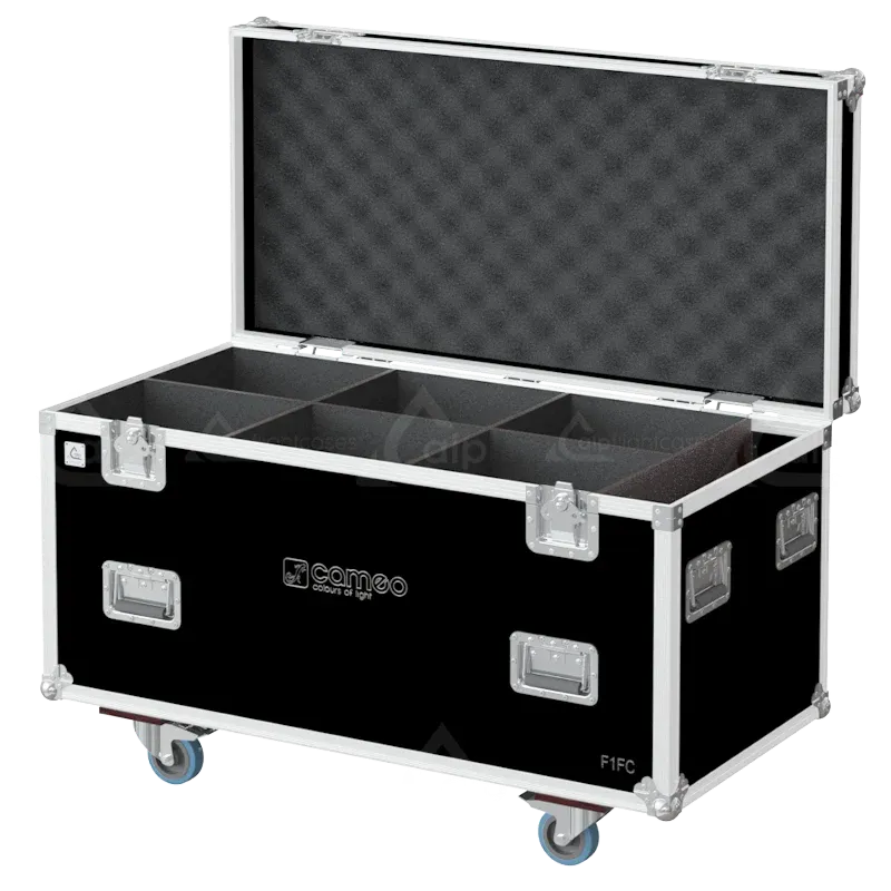 Empty flight case for 4x Cameo F1 FC with precision-cut compartments and accessory storage