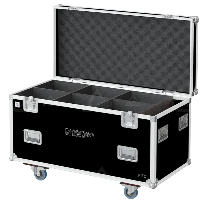 Empty flight case for 4x Cameo F1 FC with precision-cut compartments and accessory storage