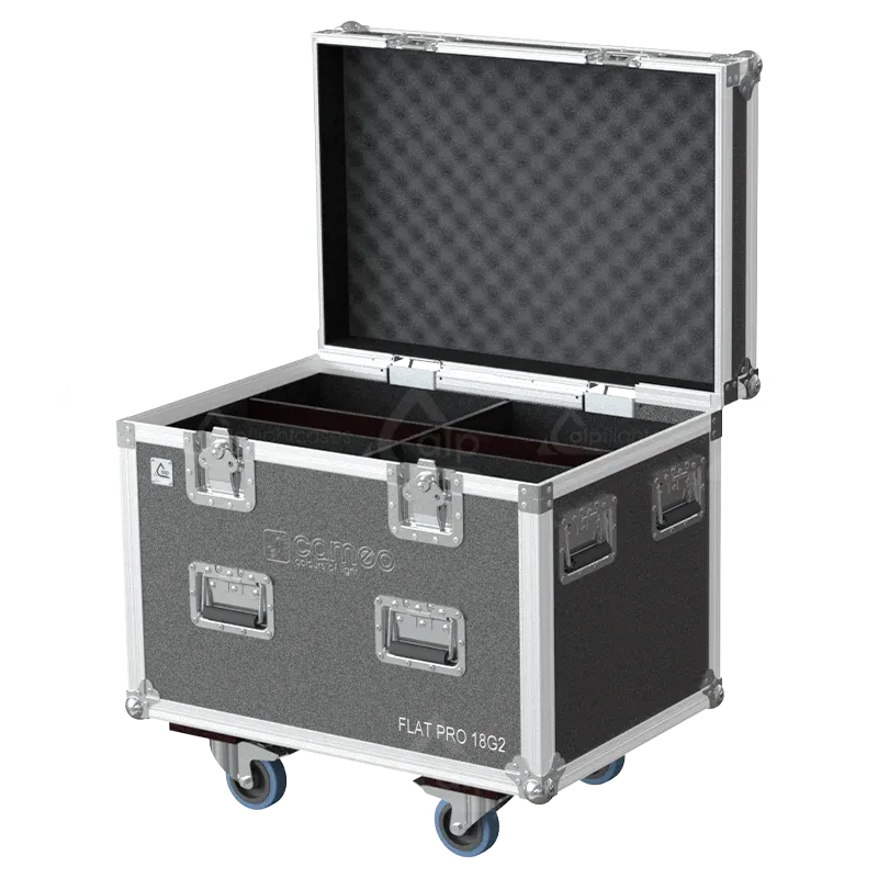 Empty flight case for 4x Cameo FLAT PRO 18 G2 with precision-cut compartments and accessory storage