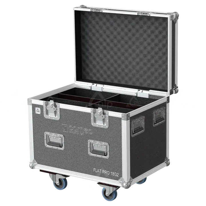 Empty flight case for 4x Cameo FLAT PRO 18 G2 with precision-cut compartments and accessory storage
