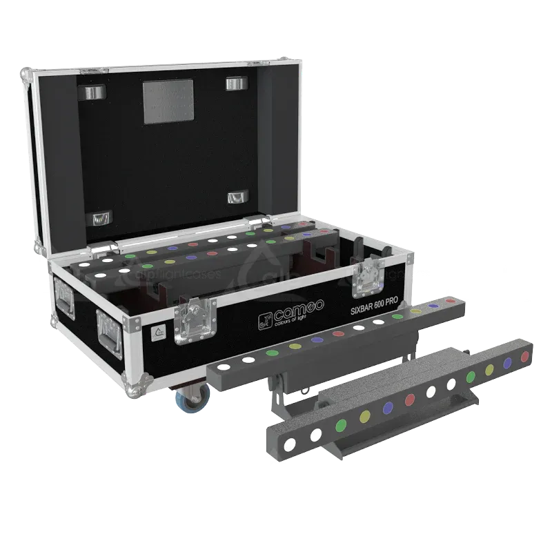 4x Cameo PixBar 600 Pro RGBWA+UV bars stored in ALP lighting flight case with custom CNC foam compartments