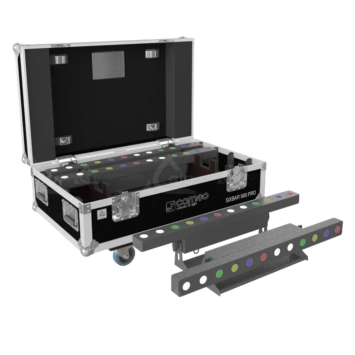 4x Cameo PixBar 600 Pro RGBWA+UV bars stored in ALP lighting flight case with custom CNC foam compartments