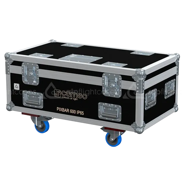 ALP FLIGHT CASES front view of 4x Cameo PixBar 600 Pro IP65 lighting flight case with heavy-duty touring hardware and wheels