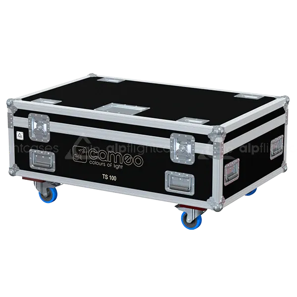 Front view of 4x Cameo TS 100 WW LED Theater Spot flight case with wheels and heavy-duty touring hardware