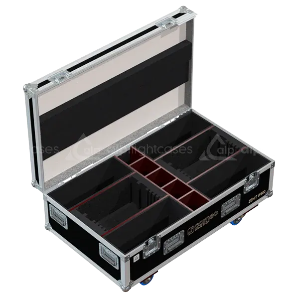 4x Cameo Zenit W600 wash lights stored in ALP flight case with custom CNC foam compartments