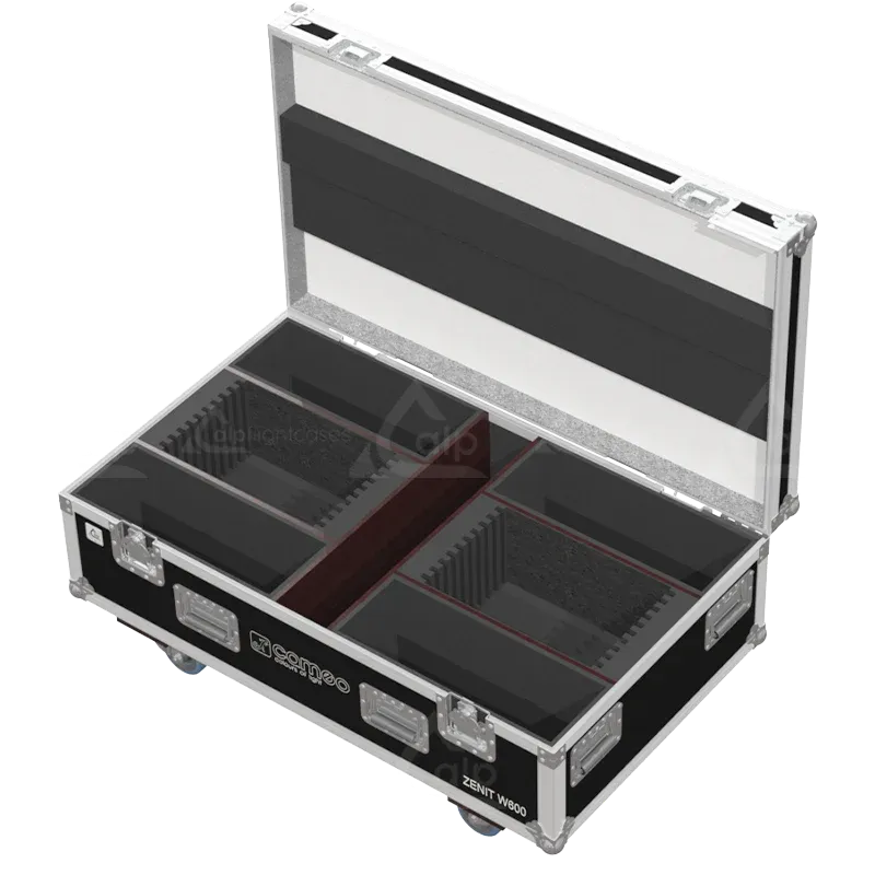 Empty flight case for 4x Cameo ZENIT W600 with precision-cut compartments for fixtures and barn doors