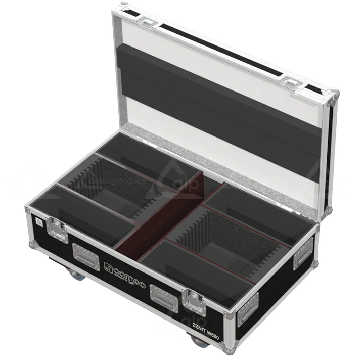 Empty flight case for 4x Cameo ZENIT W600 with precision-cut compartments for fixtures and barn doors