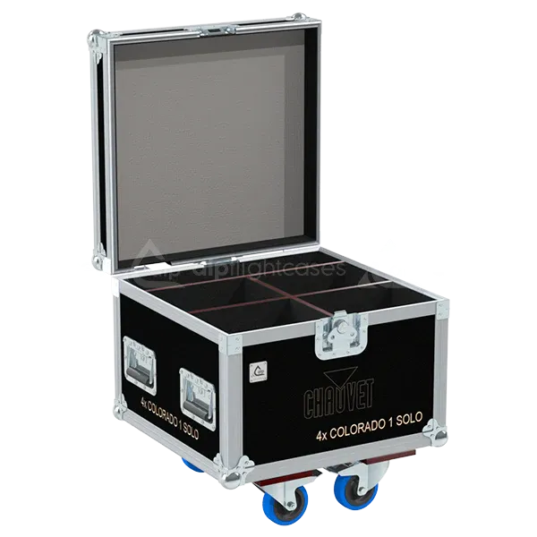 Empty flight case for 4x Chauvet Colorado 1 Solo showing precision-cut vertical slots and accessory storage