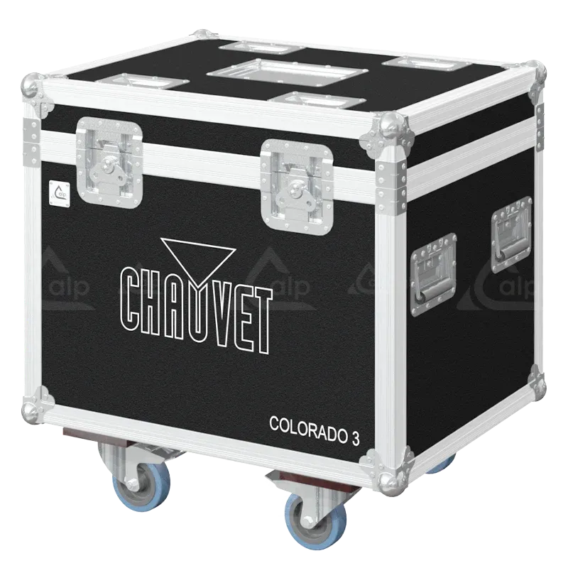 Front view of 4x Chauvet COLORado 3 Solo flight case with wheels and heavy-duty touring hardware