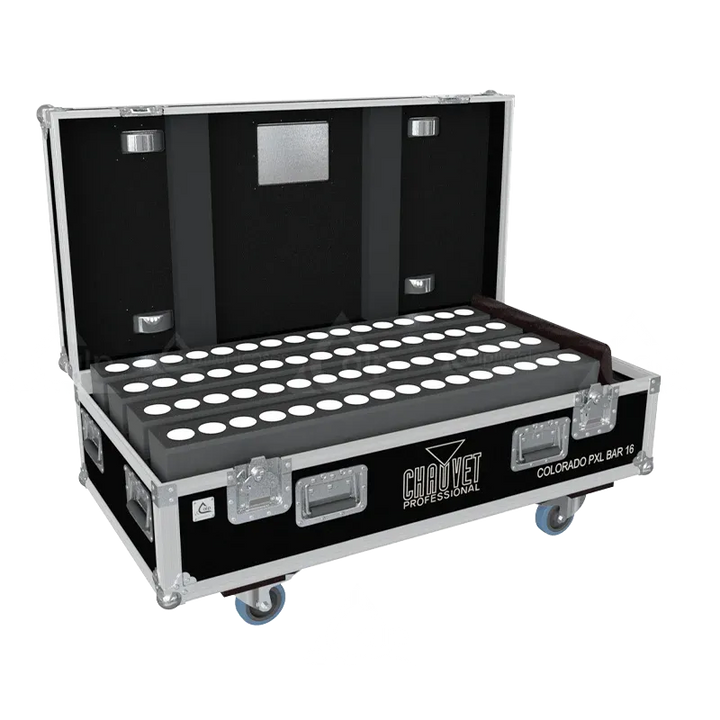 4x Chauvet Colorado PXL Bar 16 motorized battens stored in ALP lighting flight case with custom CNC foam compartments