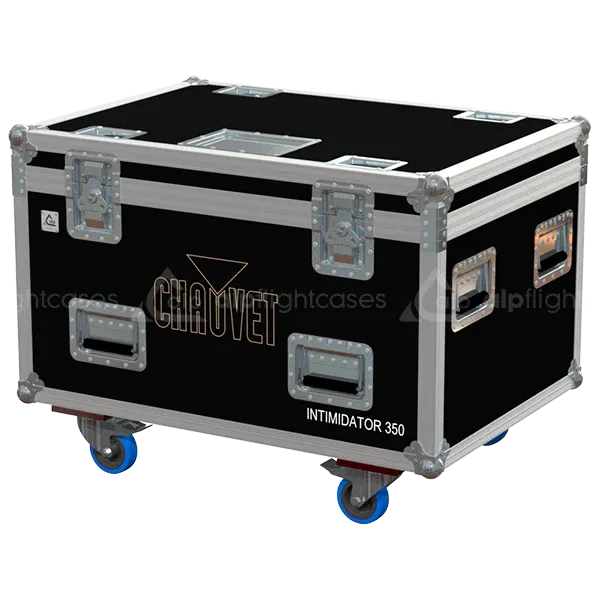 ALP FLIGHT CASES front view of 4x Chauvet Intimidator 350 Spot flight case with heavy-duty touring hardware
