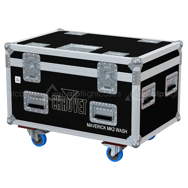 ALP FLIGHT CASES front view of 4x Chauvet Maverick MK2 Wash flight case with heavy-duty touring hardware