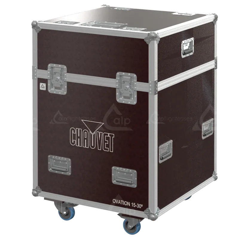 Front view of 6x Chauvet Ovation 15°–30° Zoom flight case with wheels and heavy-duty touring hardware