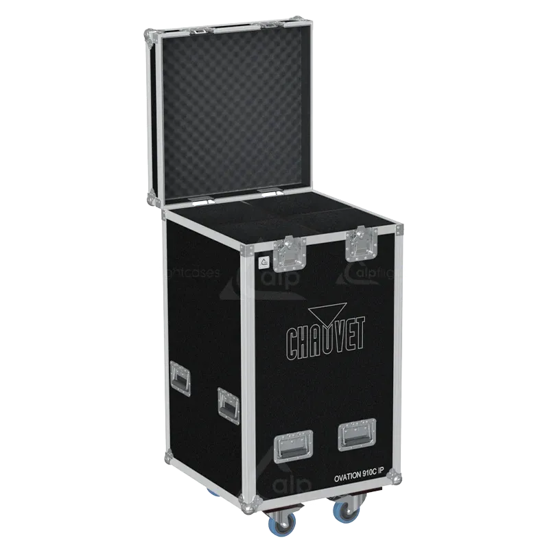 Empty flight case for 4x Chauvet Ovation E-910FC IP showing precision-cut slots for IP65 rated profiles