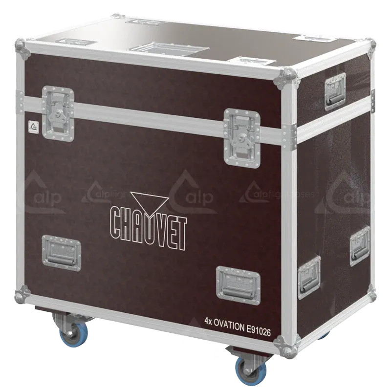 Front view of 4x Chauvet Ovation E-910FC flight case with wheels and heavy-duty touring hardware