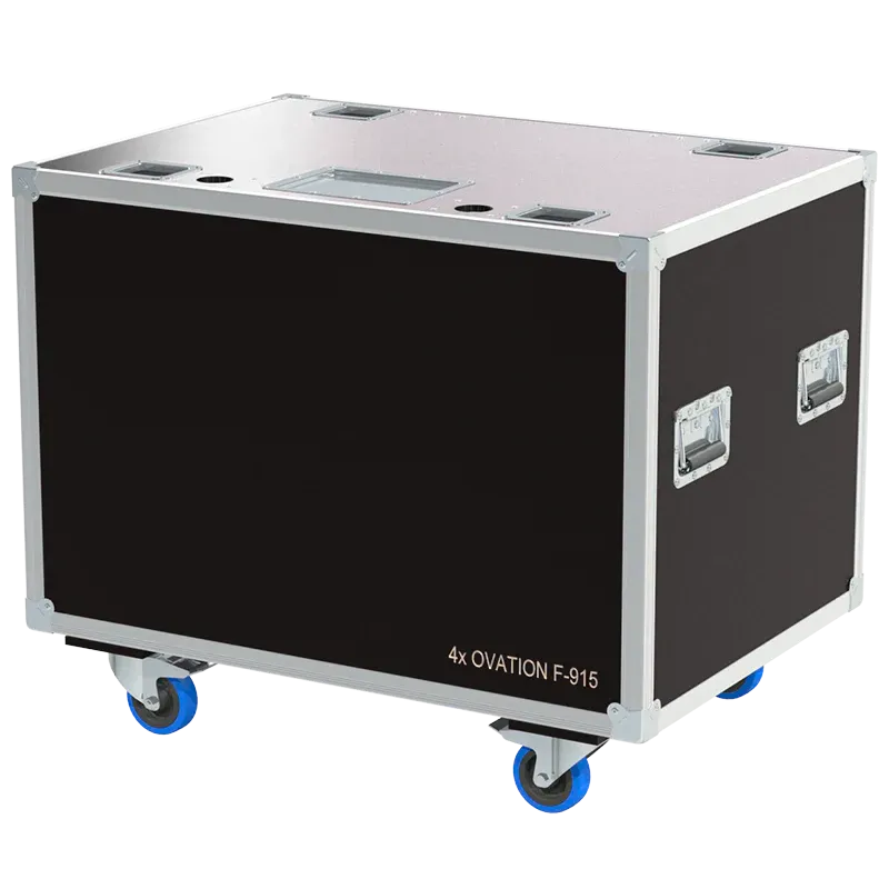 Front view of 4x Chauvet Professional Ovation F-915FC flight case with wheels and heavy-duty touring hardware