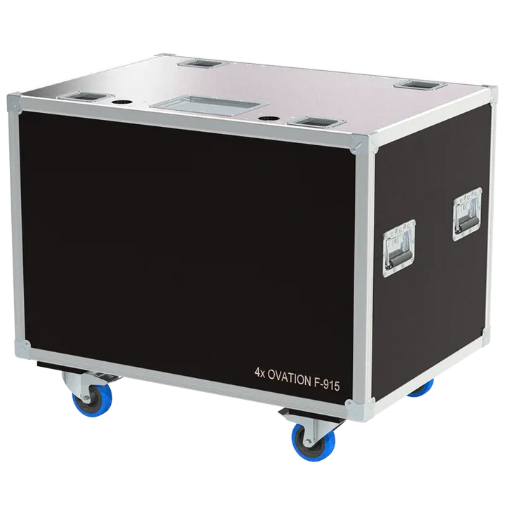 Front view of 4x Chauvet Professional Ovation F-915FC flight case with wheels and heavy-duty touring hardware