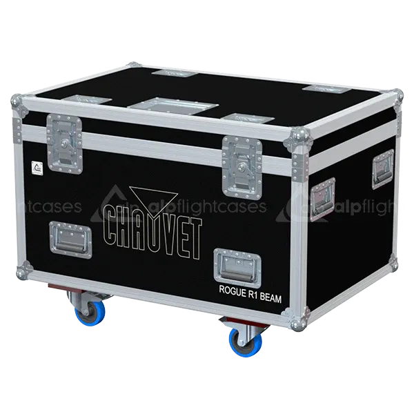 ALP FLIGHT CASES front view of 4x Chauvet Rogue R1 Beam flight case with heavy-duty touring hardware